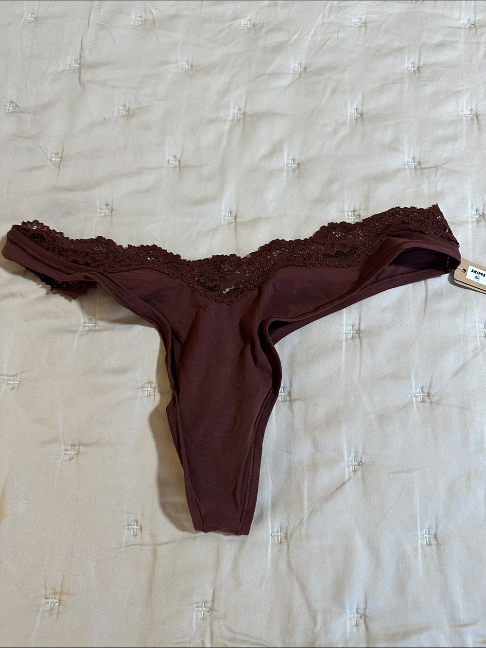 SKIMS Lace-Trim Thong in Deep Burgundy NWT!